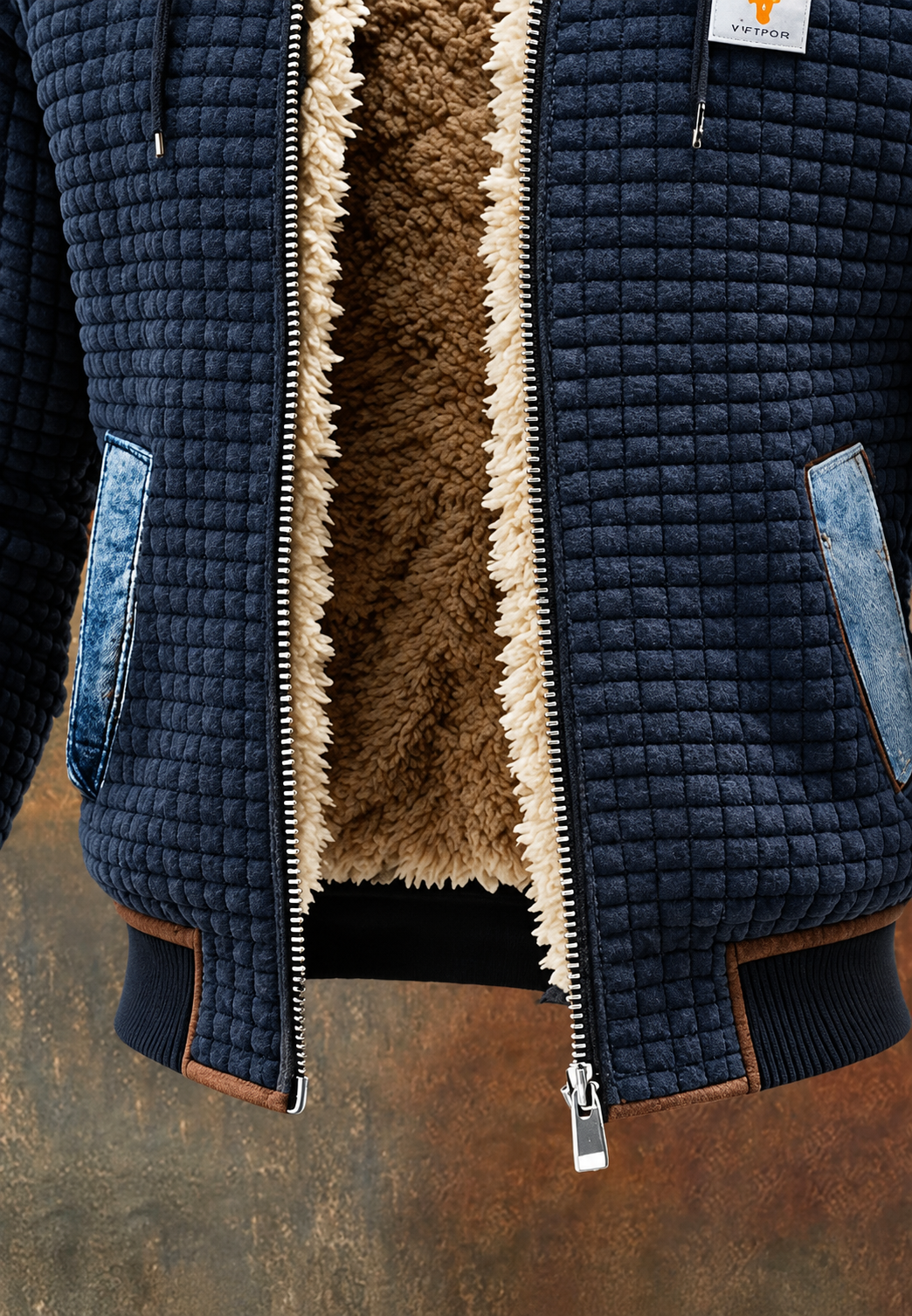 Steppjacke Herren mit Denim-Einsätzen, hüftkurz und Kapuze