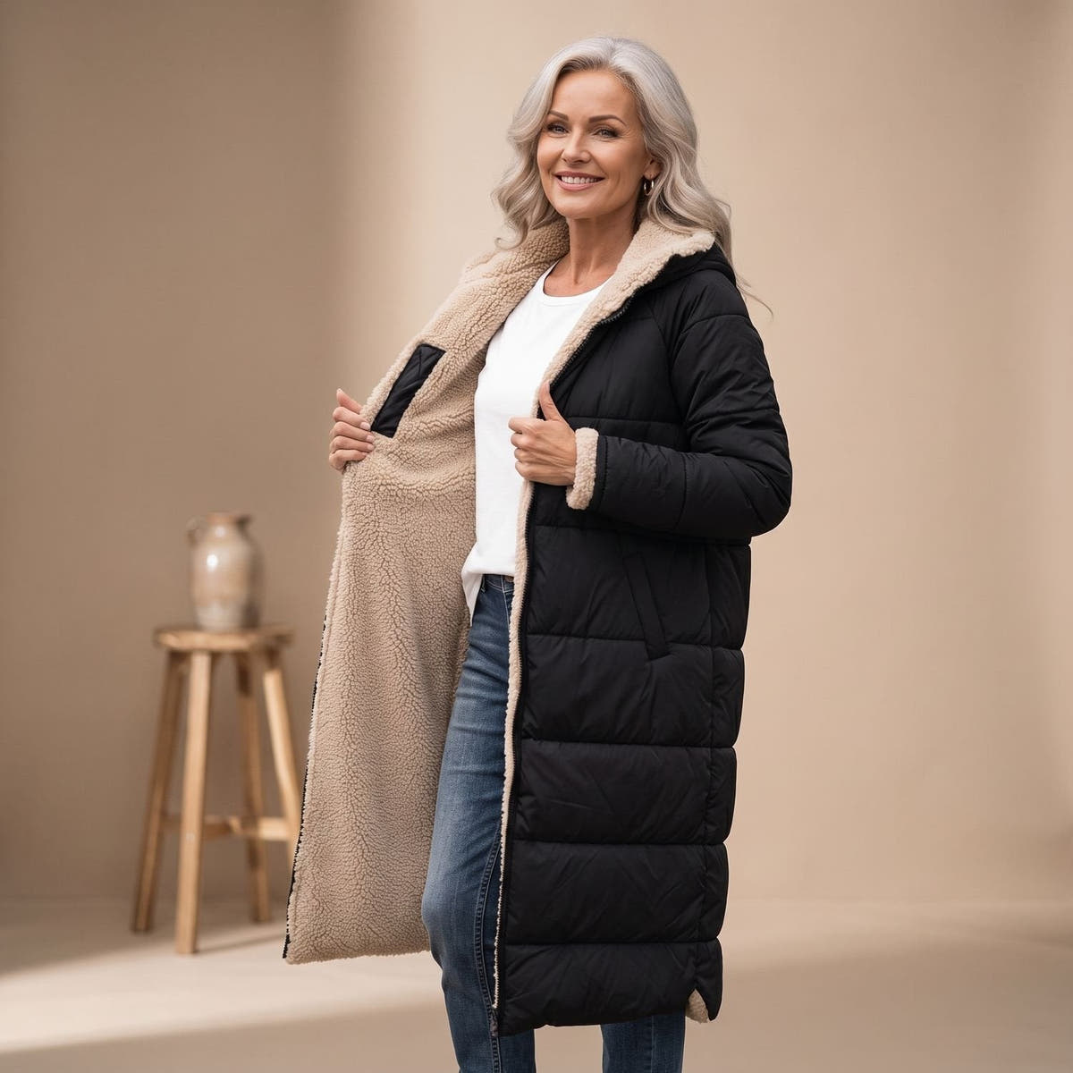 Steppmantel Damen mit Sherpafutter, lang und windabweisend
