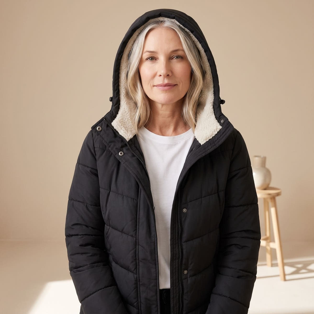 Steppmantel Damen mit Sherpafutter, lang und windabweisend