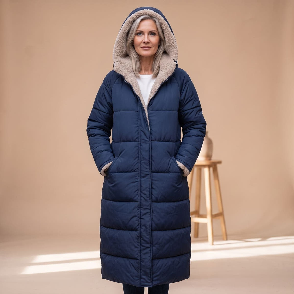 Steppmantel Damen mit Sherpafutter, lang und windabweisend