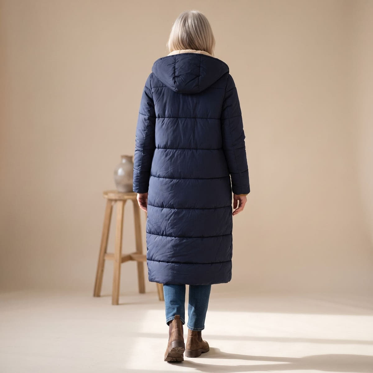 Steppmantel Damen mit Sherpafutter, lang und windabweisend