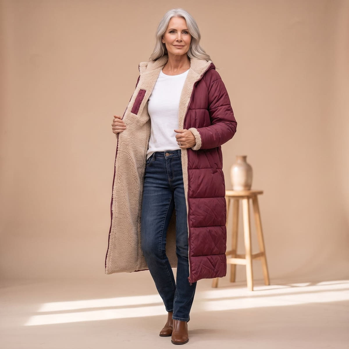 Steppmantel Damen mit Sherpafutter, lang und windabweisend