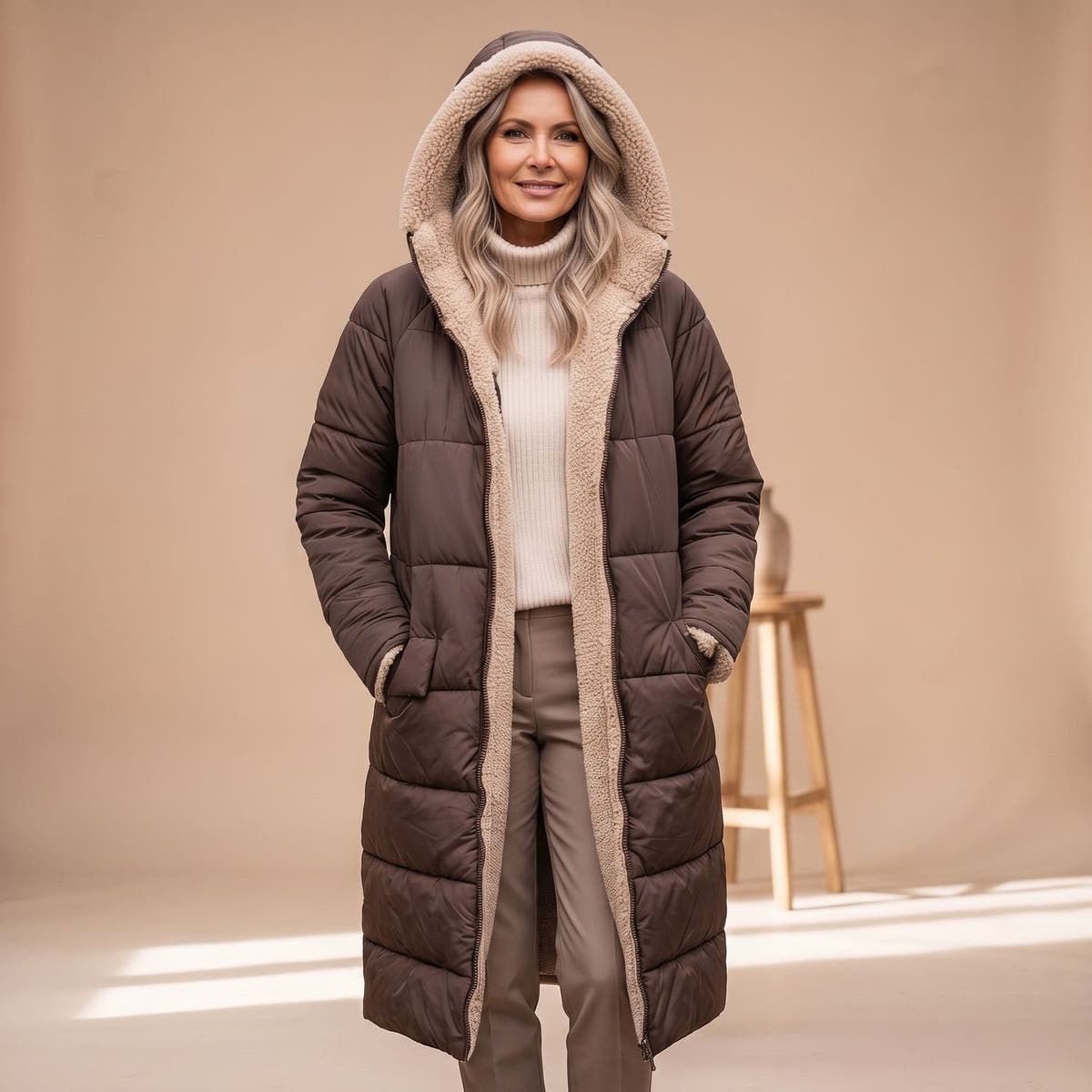 Steppmantel Damen mit Sherpafutter, lang und windabweisend