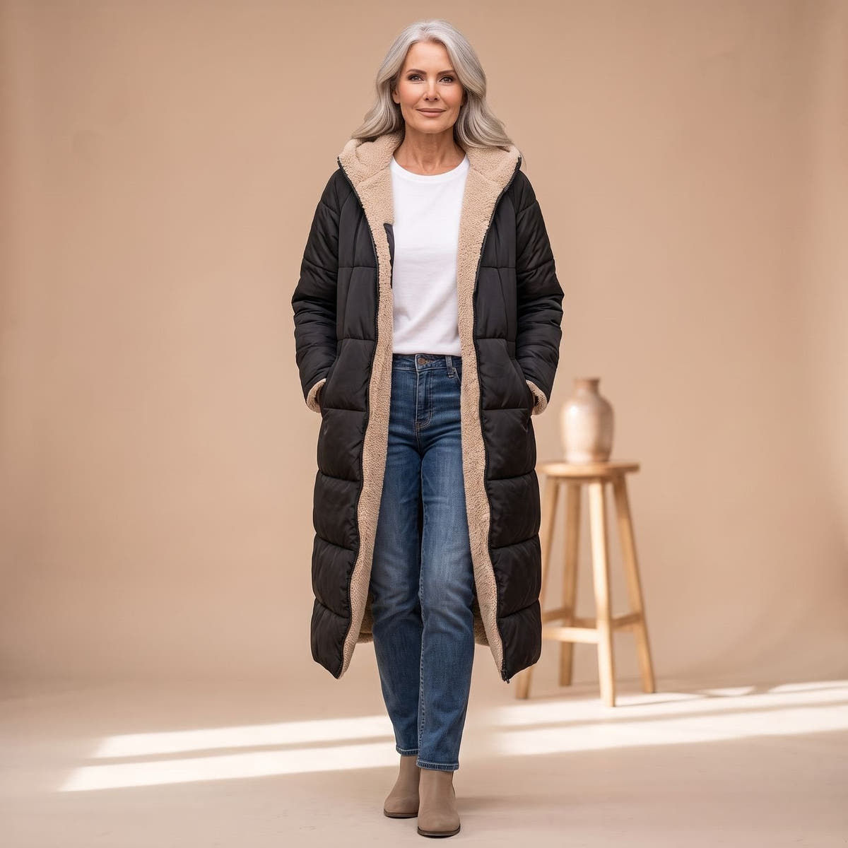 Steppmantel Damen mit Sherpafutter, lang und windabweisend