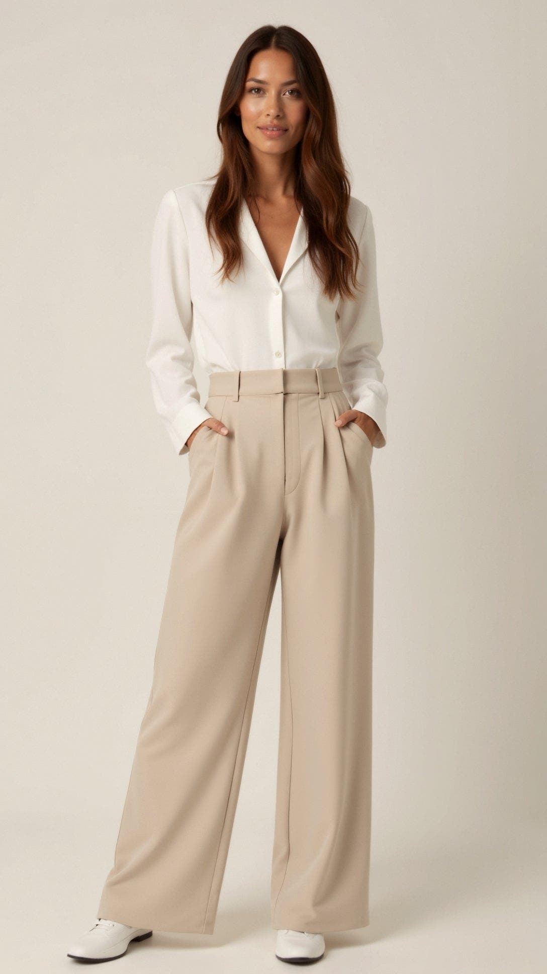 Stoffhose Damen hochtailliert mit weitem Bein und Bundfalten