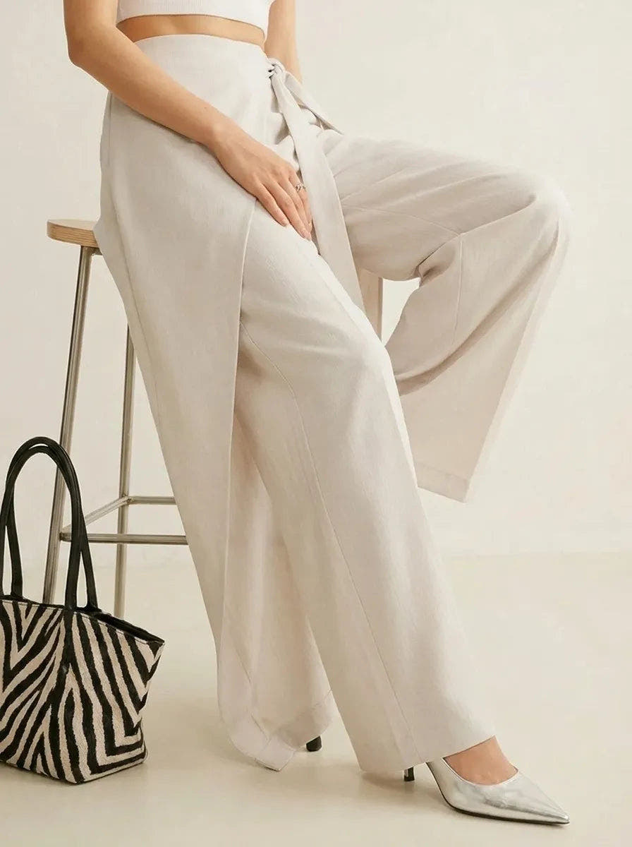 Stoffhose Damen mit hoher Taille, weites Bein und Wickeldesign