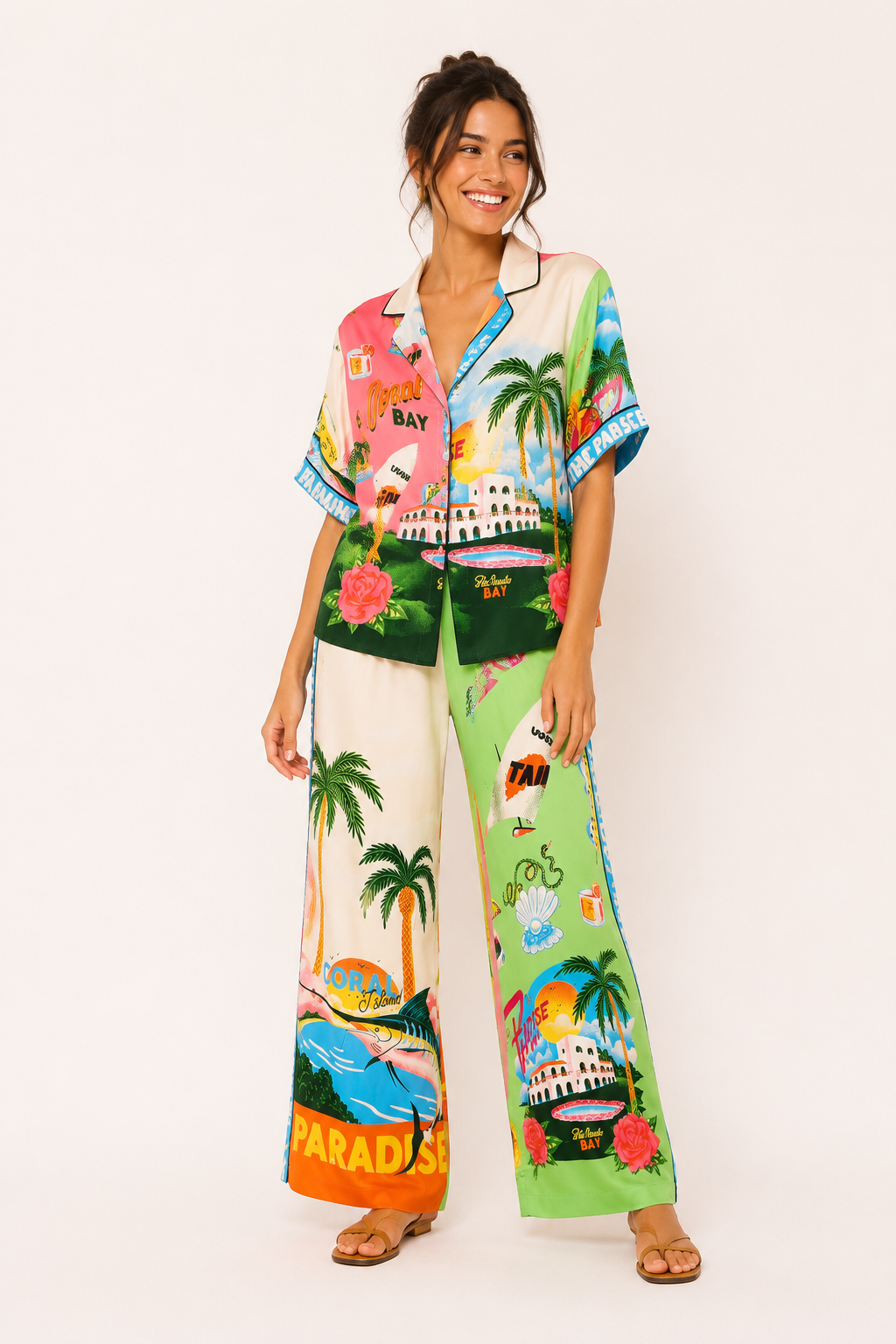 Stoffhose Damen weit mit tropischem Muster und geradem Bein