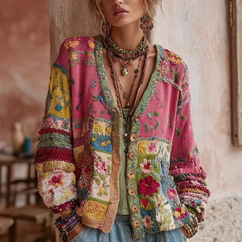 Strickjacke Damen locker und hüftlang mit floralen Stickereien