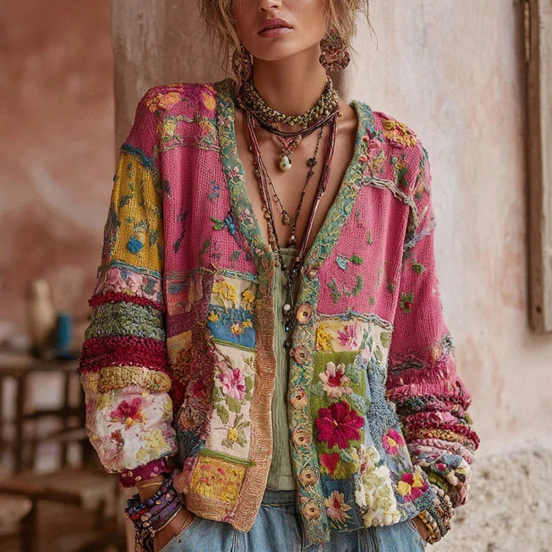 Strickjacke Damen locker und hüftlang mit floralen Stickereien