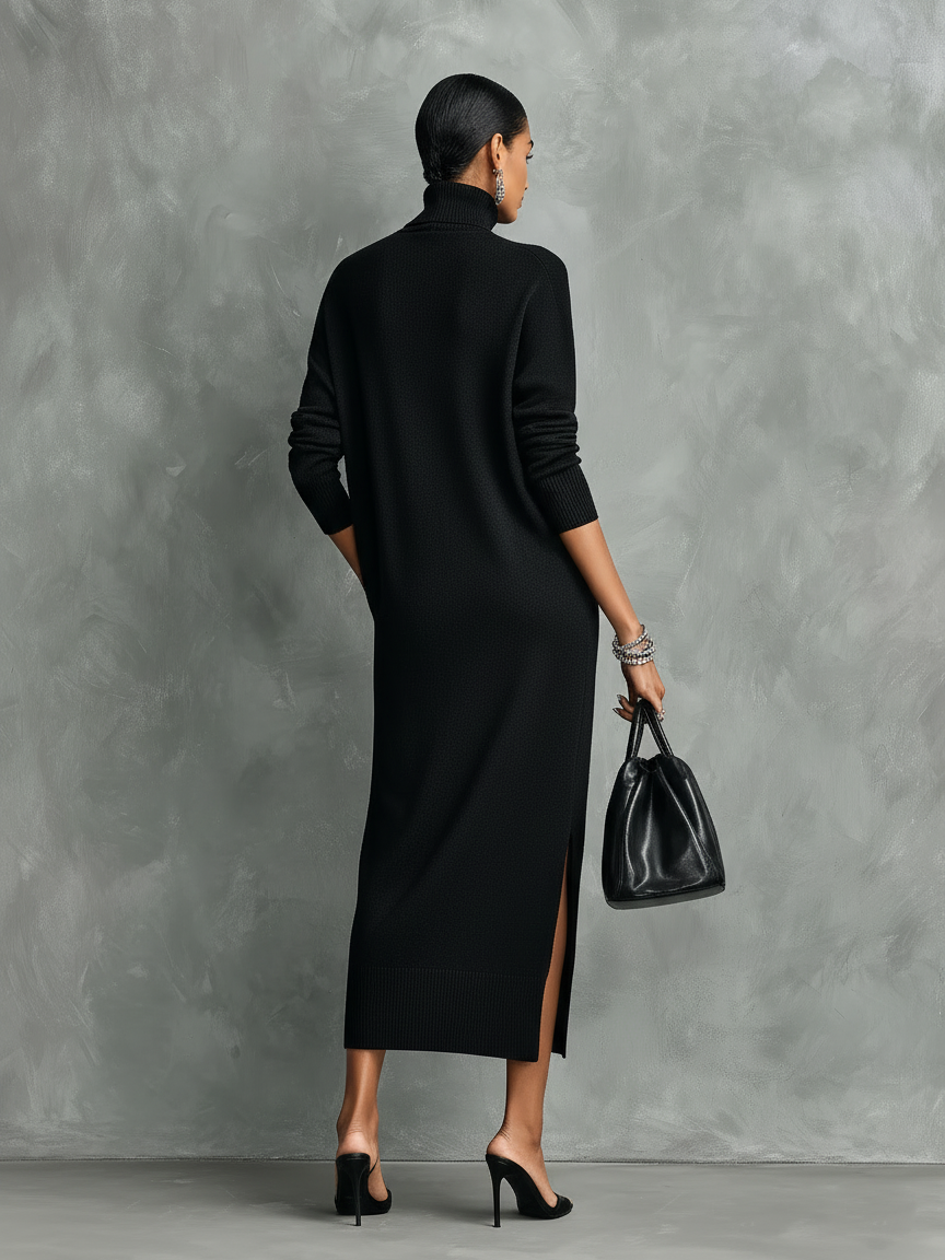 Strickkleid Damen in Midi-Länge mit Rollkragen, lange Ärmel und lockerer Schnitt