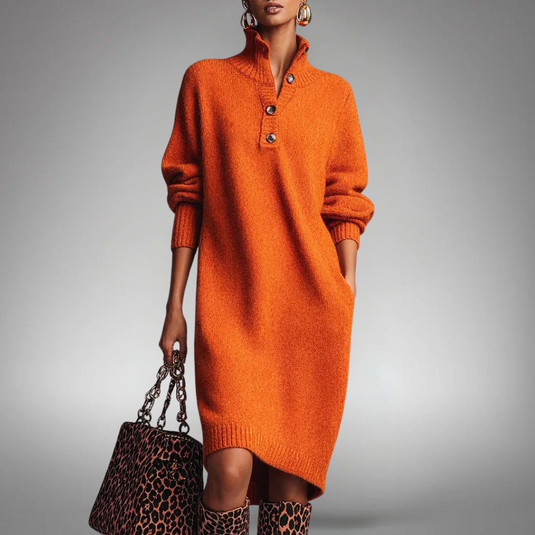 Strickkleid Damen weich wärmend in Midi-Länge mit Knopfkragen