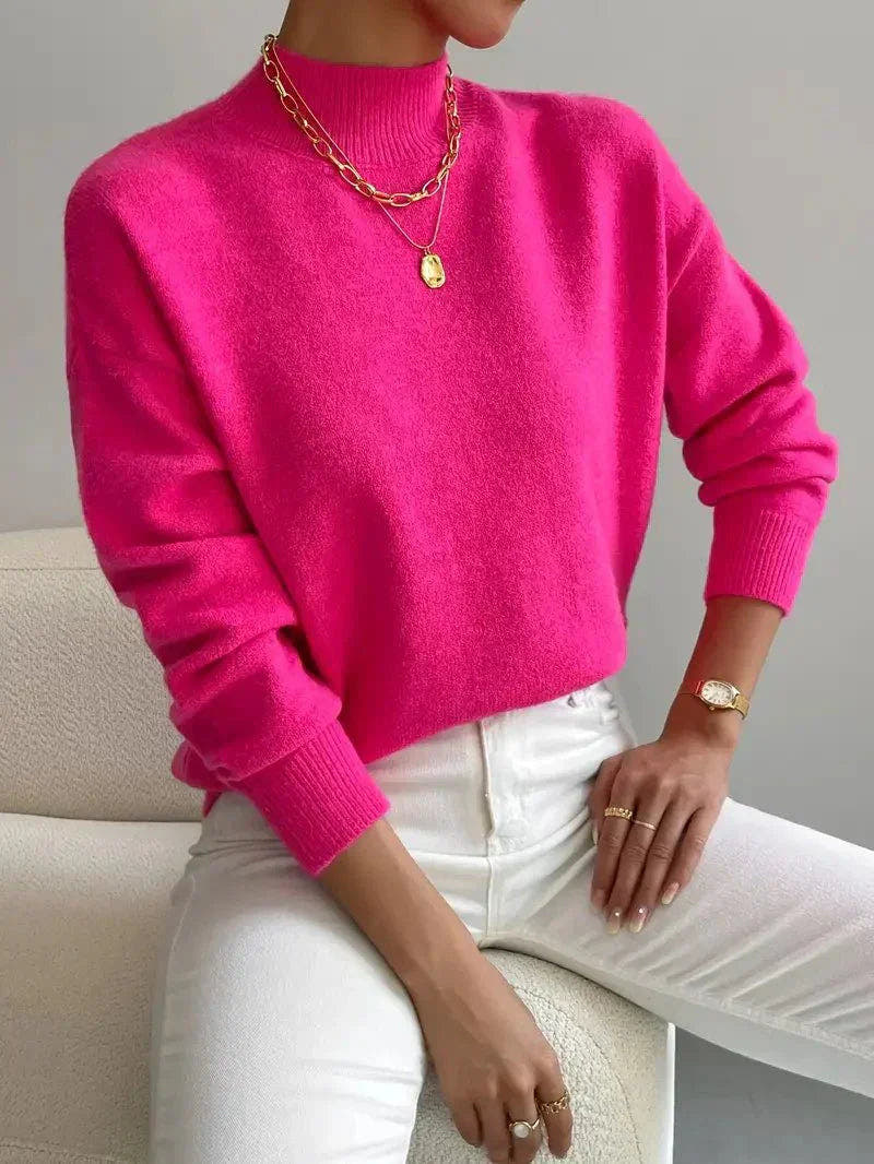 Strickpullover Damen aus flauschigem Feinstrick mit Stehkragen und überschnittenen Schultern