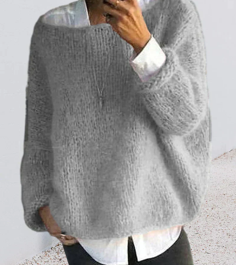 Strickpullover Damen flauschig, Oversize mit Rundhalsausschnitt