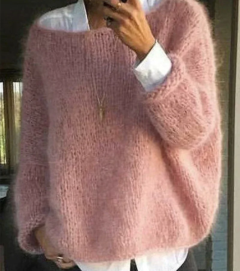 Strickpullover Damen flauschig, Oversize mit Rundhalsausschnitt