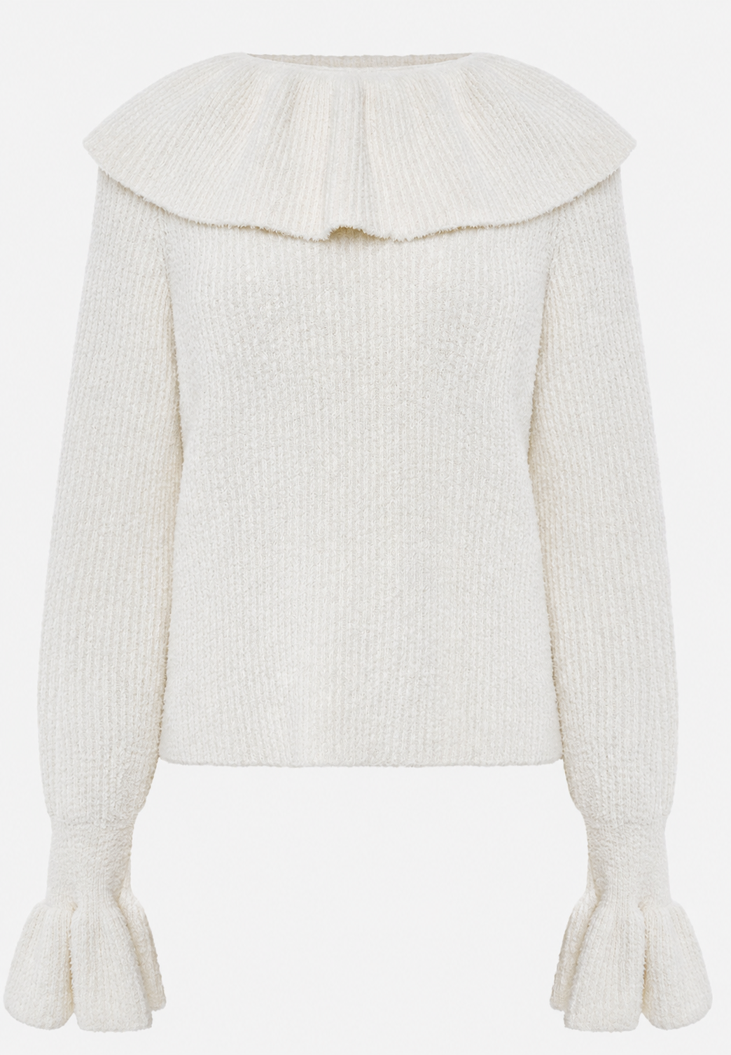 Strickpullover Damen in Rippstrick mit Rüschenkragen, hüftlang