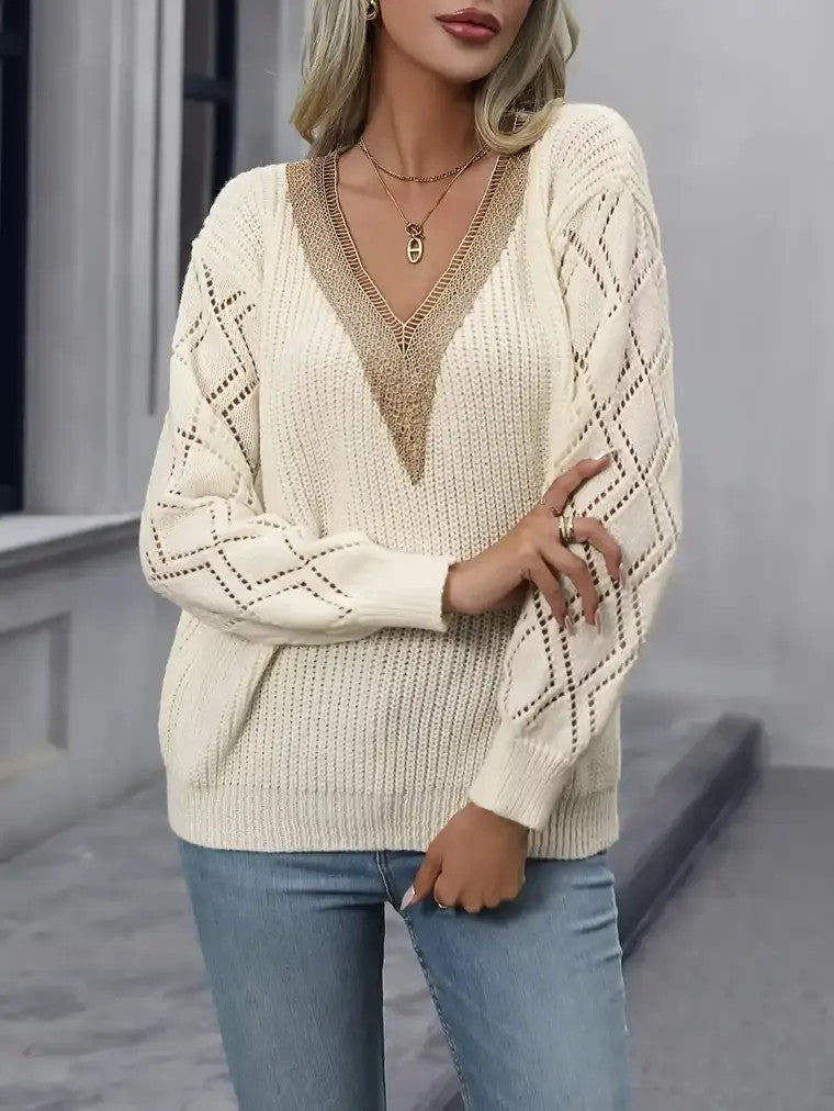 Strickpullover Damen in Rippstrick mit tiefem V-Ausschnitt und Ajourärmeln