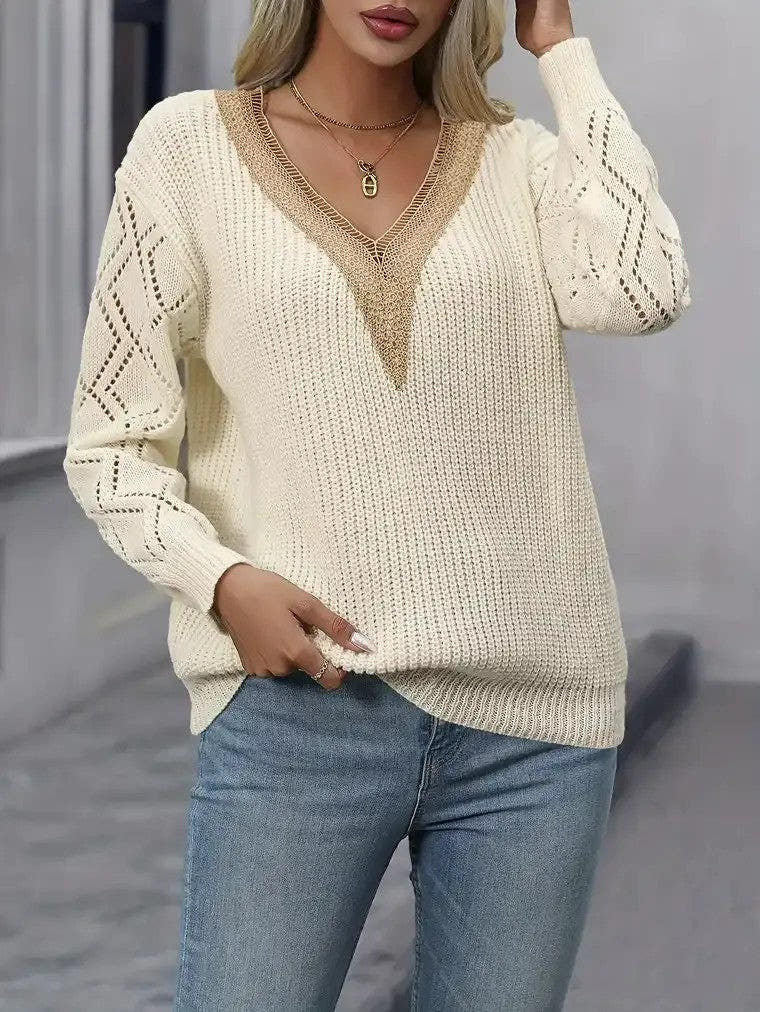 Strickpullover Damen in Rippstrick mit tiefem V-Ausschnitt und Ajourärmeln