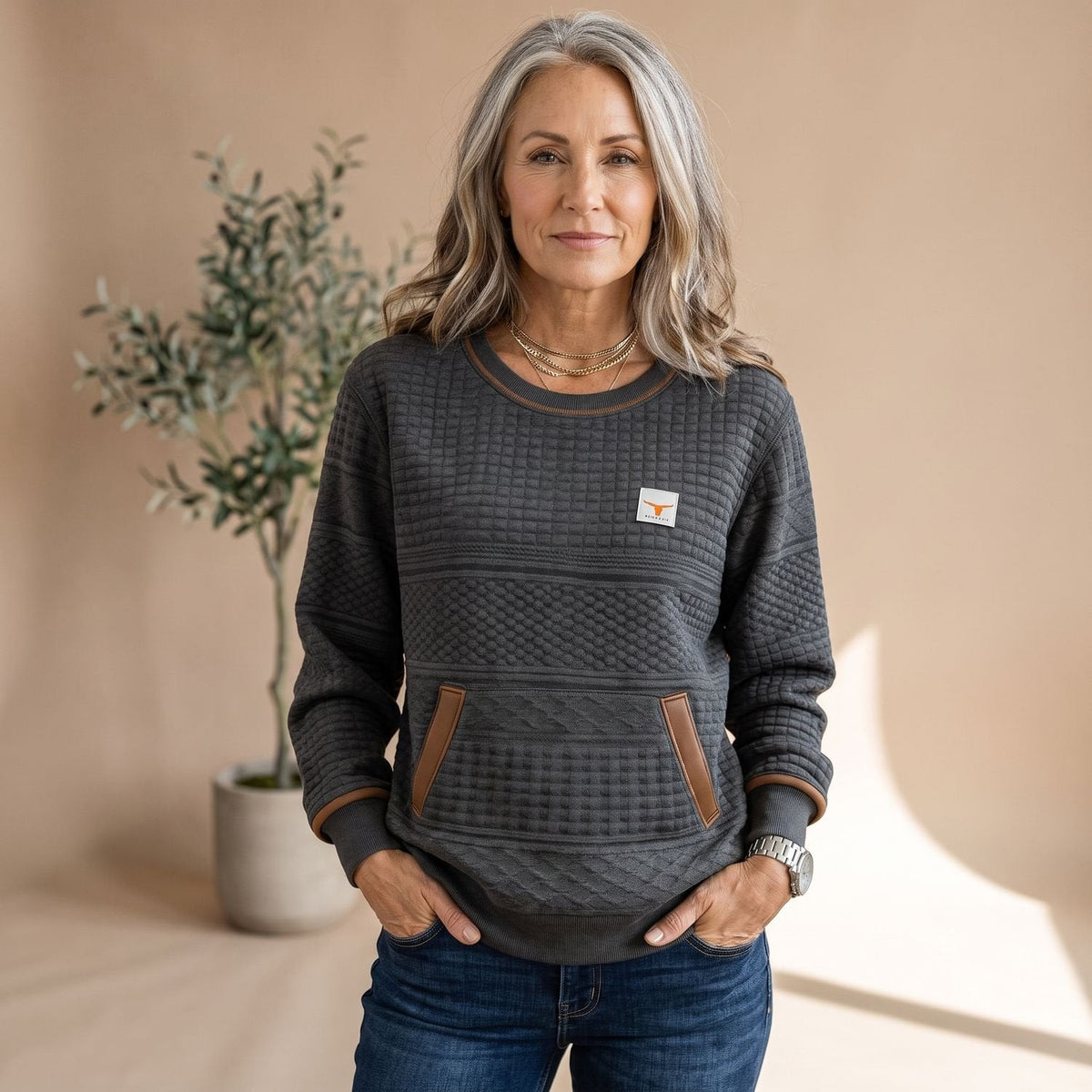 Strickpullover Damen in Waffelstrick, locker mit Kängurutasche