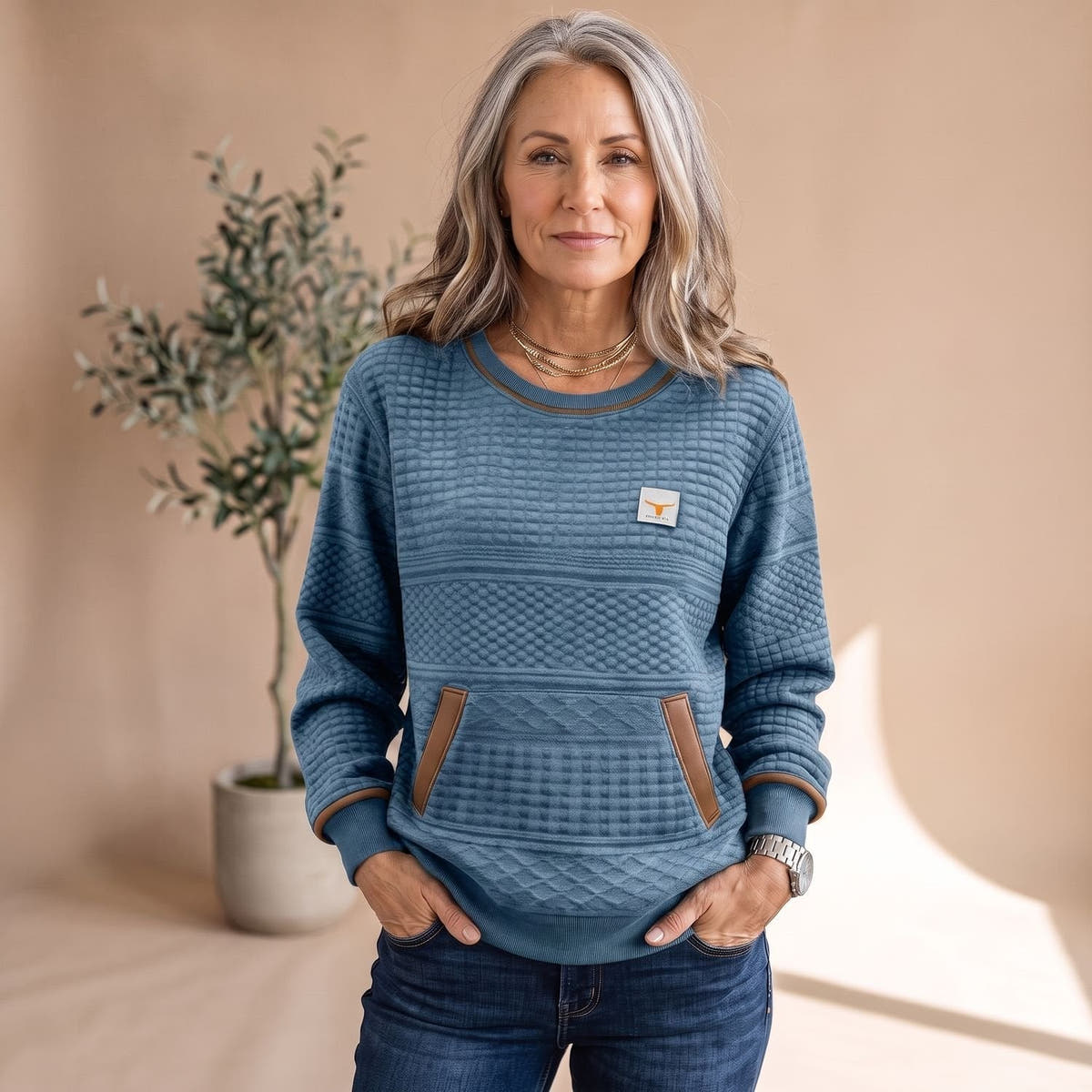 Strickpullover Damen in Waffelstrick, locker mit Kängurutasche