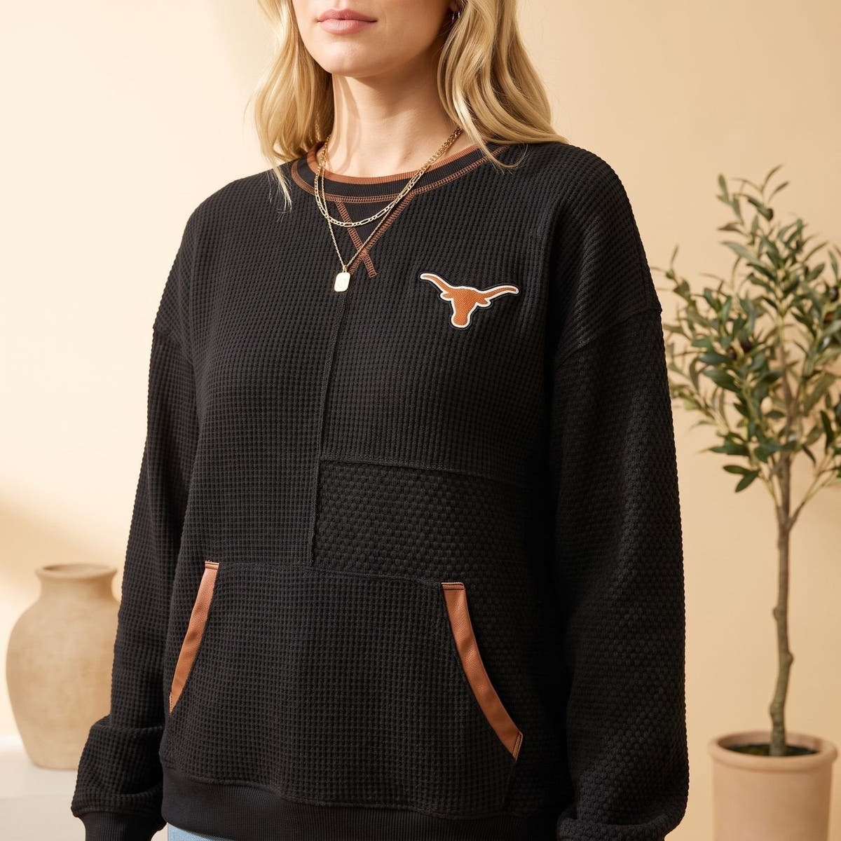 Strickpullover Damen in Waffelstrick, locker mit Kängurutasche