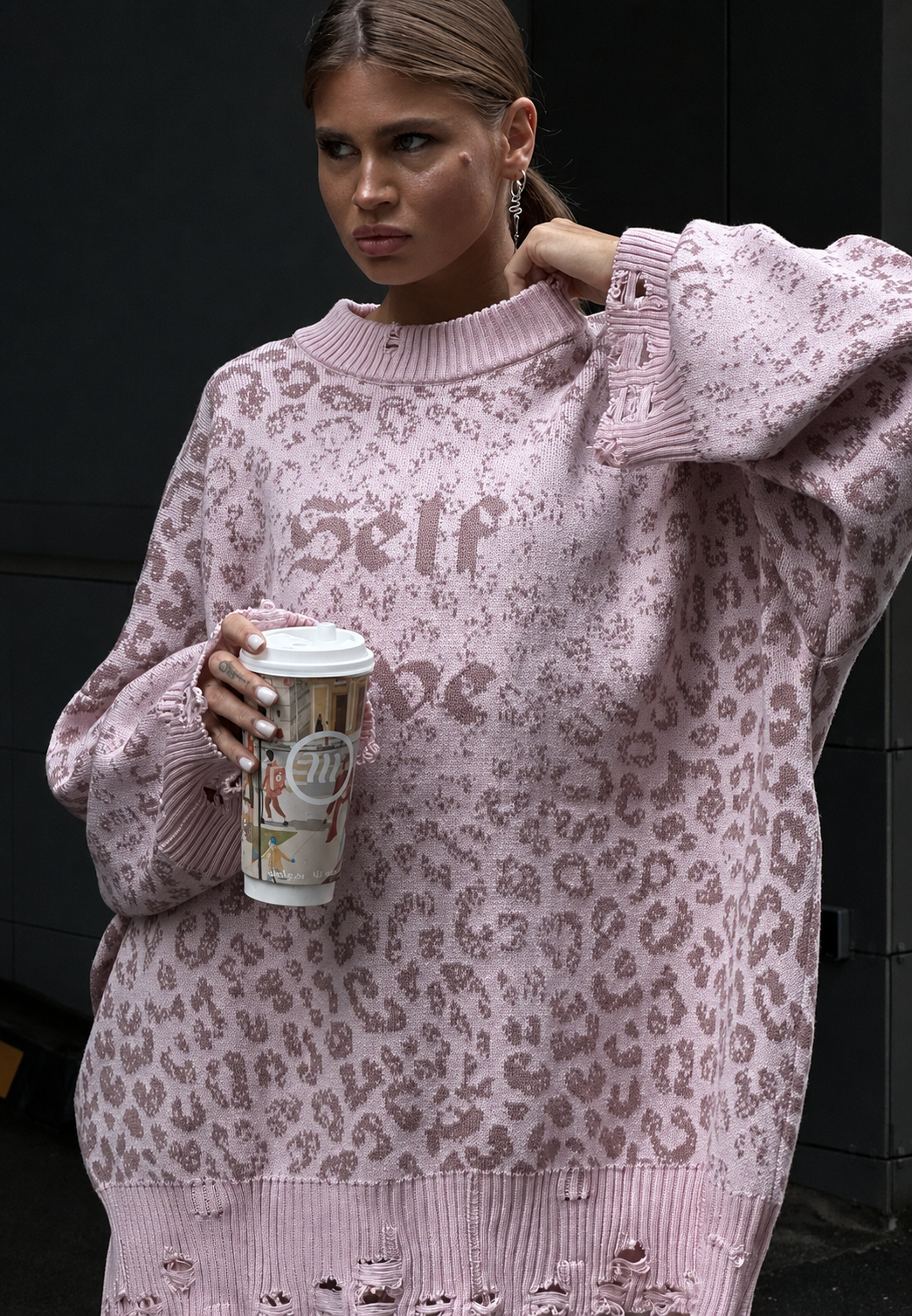 Strickpullover Damen Oversize lang mit grafischen Motiven