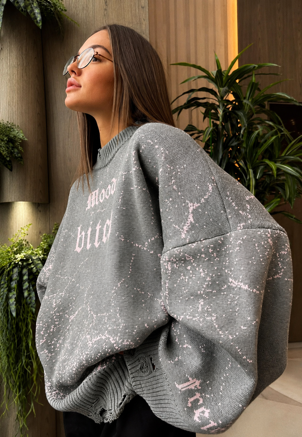 Strickpullover Damen Oversize lang mit grafischen Motiven