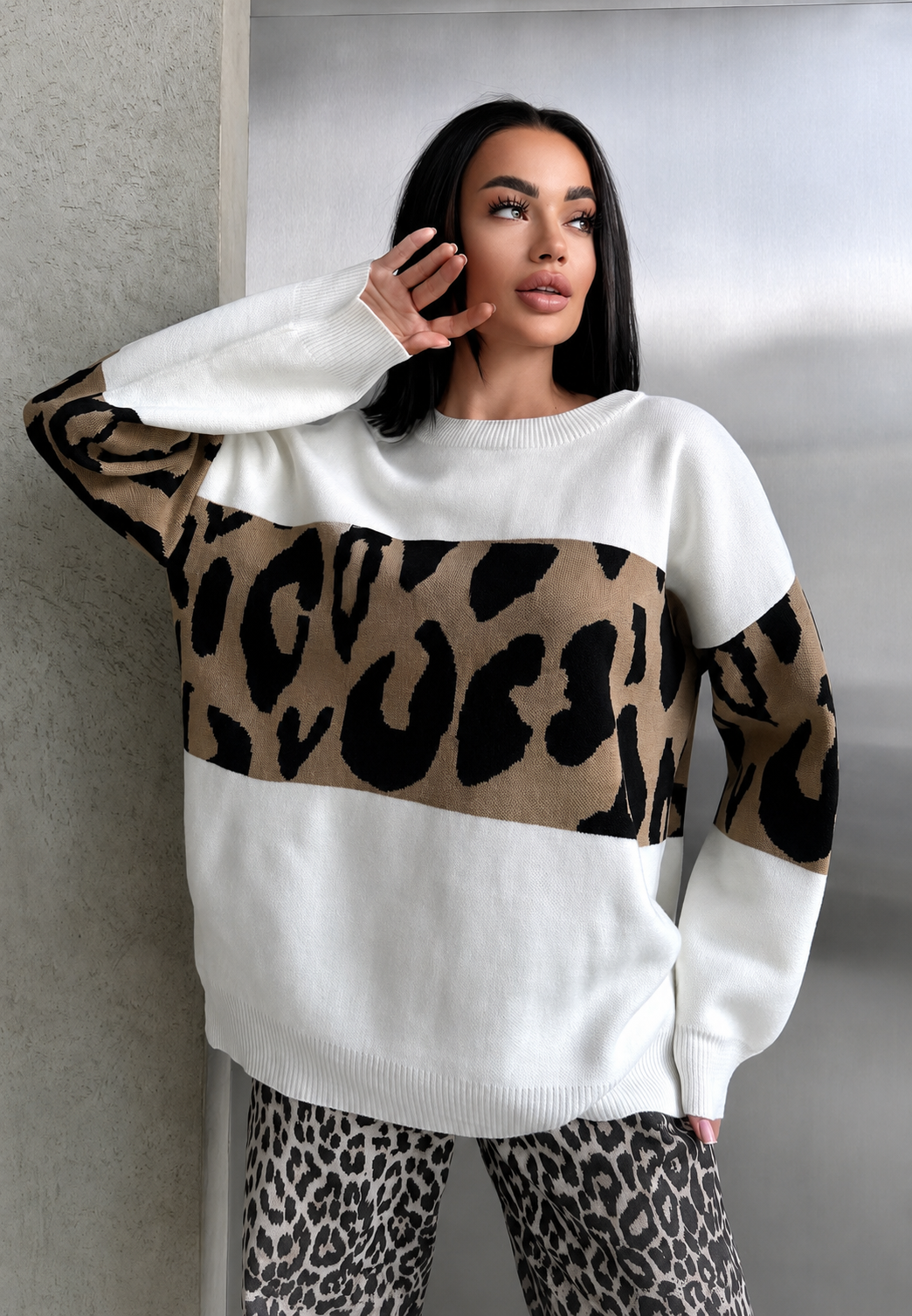 Strickpullover Damen Oversize mit Leopardenmuster und Farbblöcken