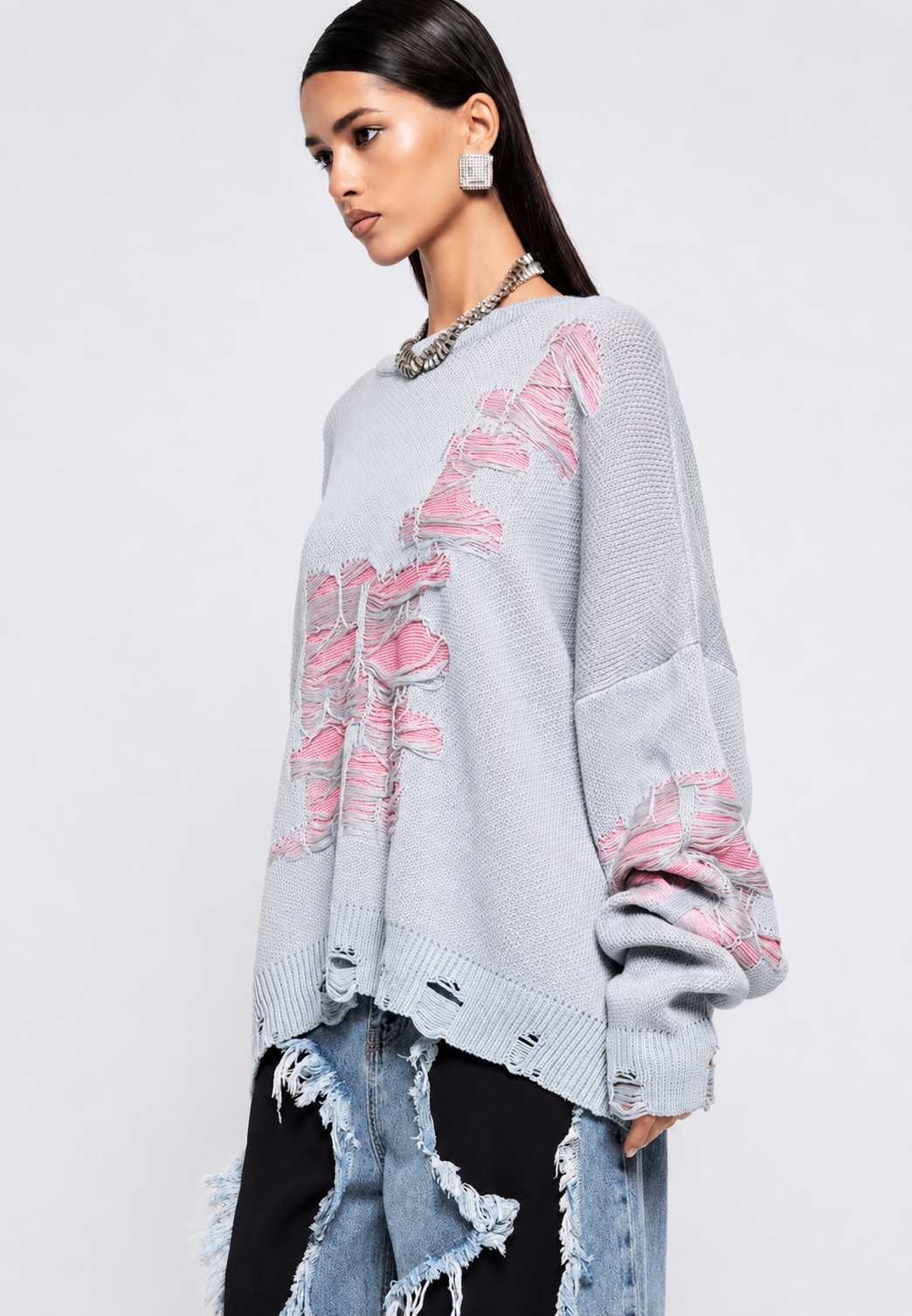Strickpullover Damen Oversize mit offenem Strickmuster und Rissen