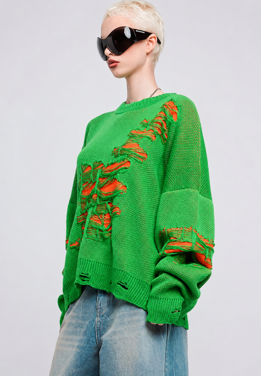 Strickpullover Damen Oversize mit offenem Strickmuster und Rissen