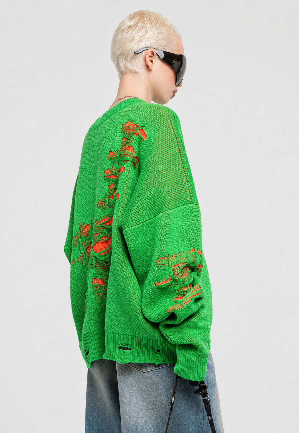 Strickpullover Damen Oversize mit offenem Strickmuster und Rissen