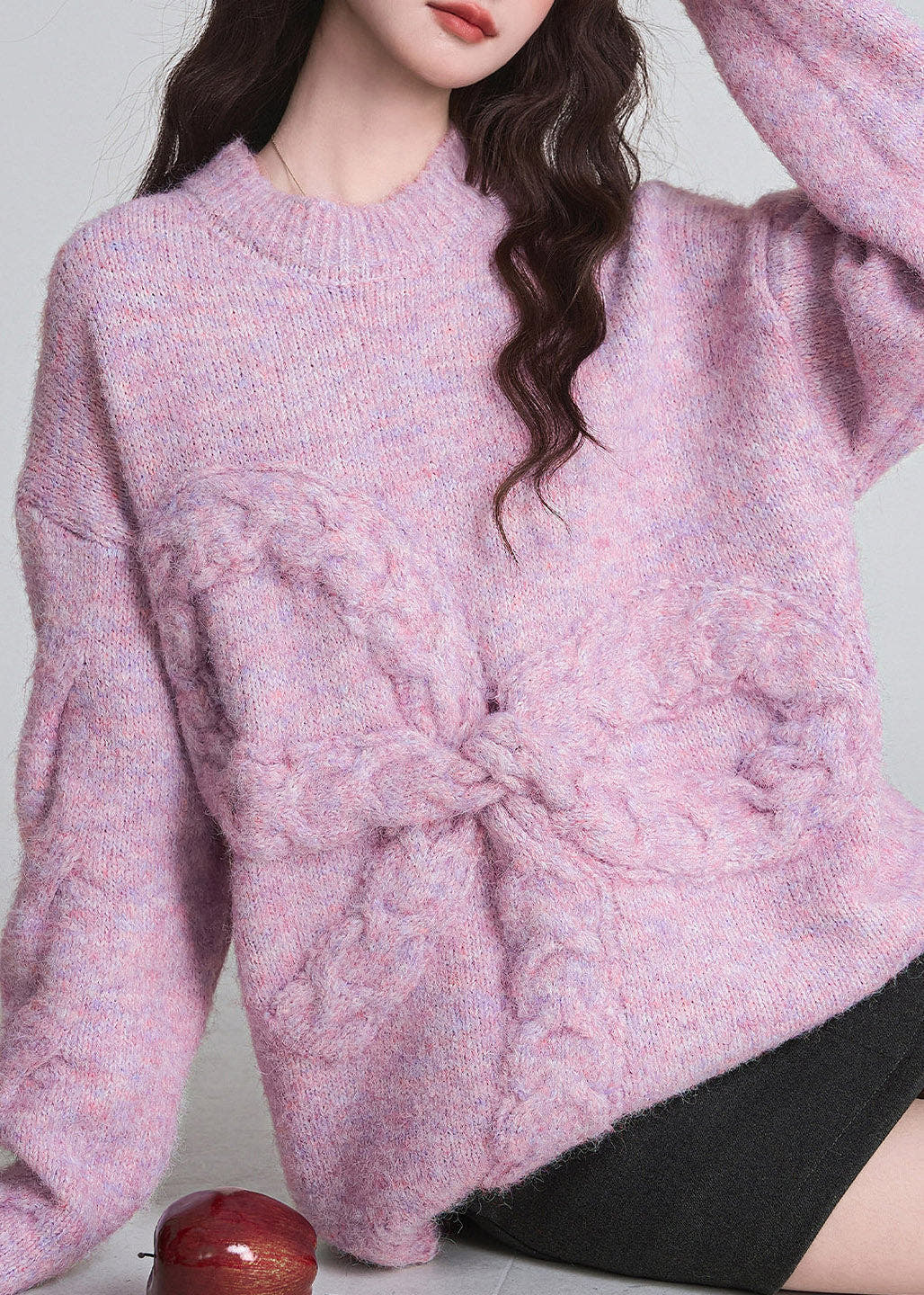 Strickpullover Damen Oversize mit Rundhalsausschnitt und Zopfstrickschleife