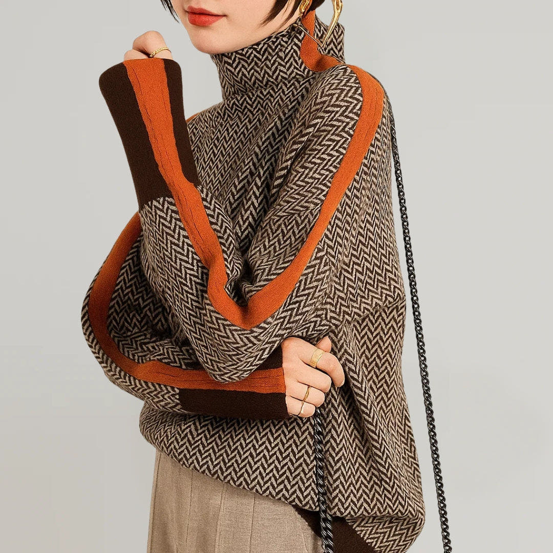 Strickpullover Damen wärmend mit Stehkragen und Kontraststreifen