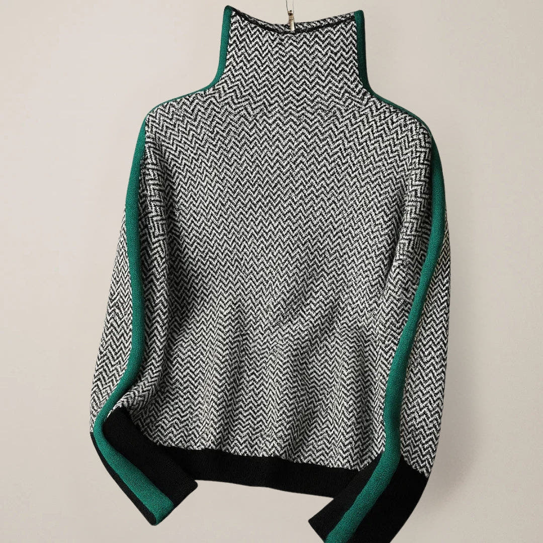 Strickpullover Damen wärmend mit Stehkragen und Kontraststreifen