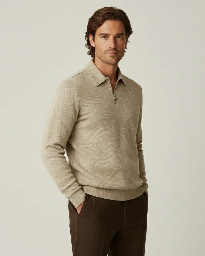 Strickpullover Herren in Strukturstrick mit Polokragen und Reissverschluss