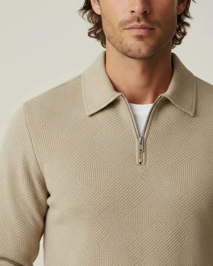 Strickpullover Herren in Strukturstrick mit Polokragen und Reissverschluss