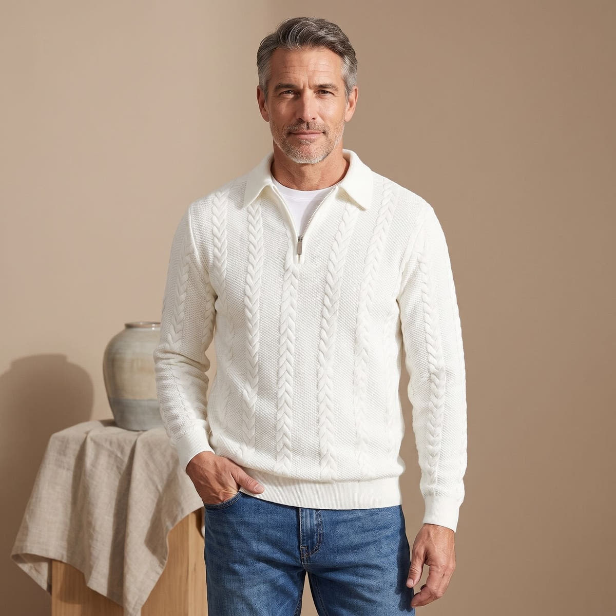 Strickpullover Herren mit Zopfmuster, Polokragen und kurzem Reissverschluss