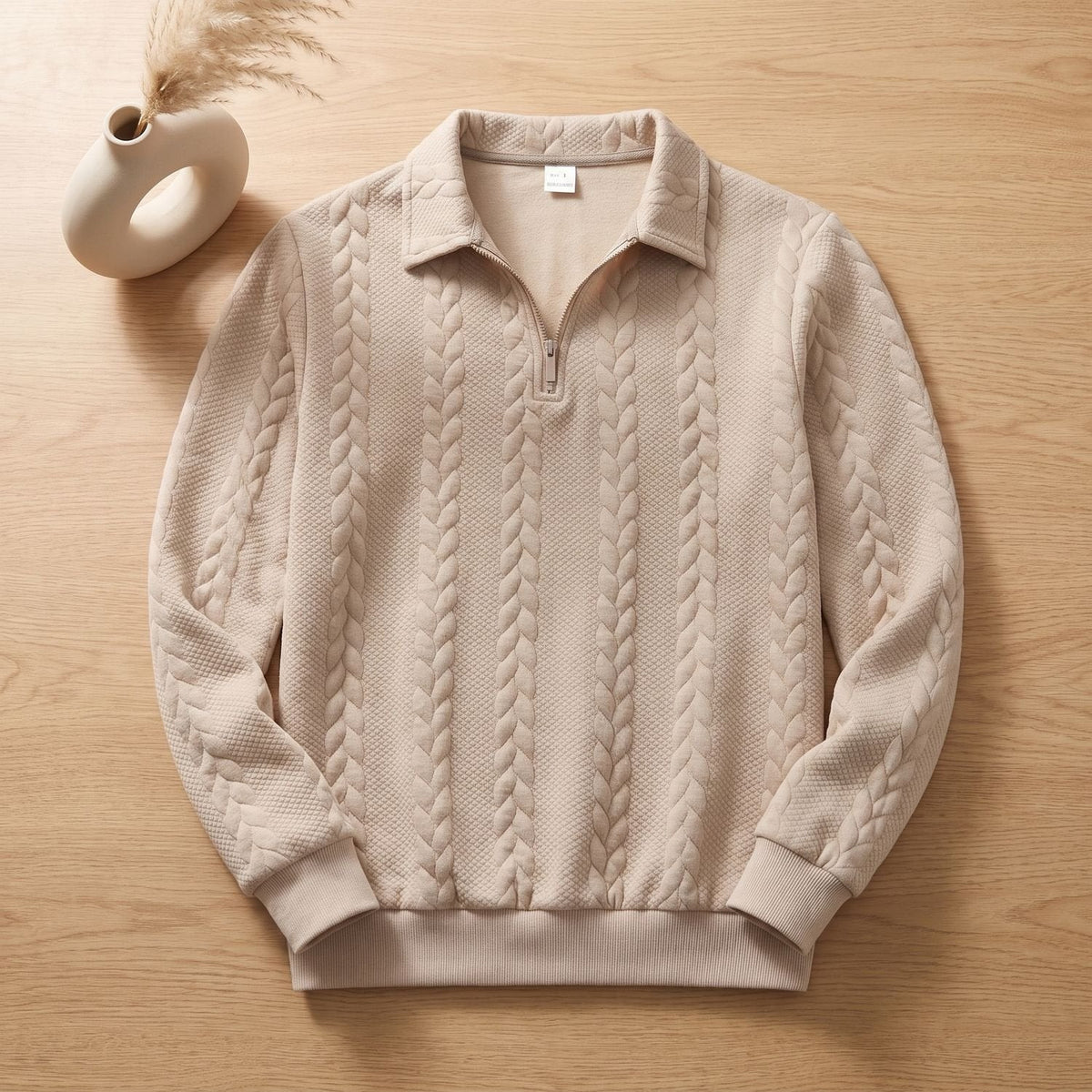 Strickpullover Herren mit Zopfmuster, Polokragen und kurzem Reissverschluss