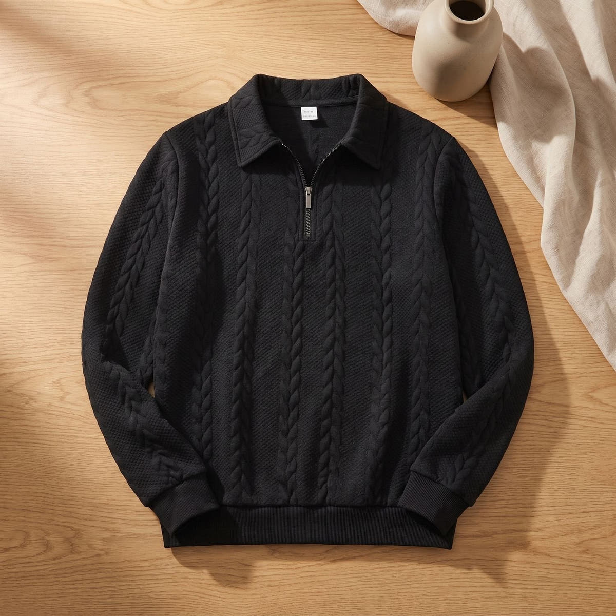 Strickpullover Herren mit Zopfmuster, Polokragen und kurzem Reissverschluss
