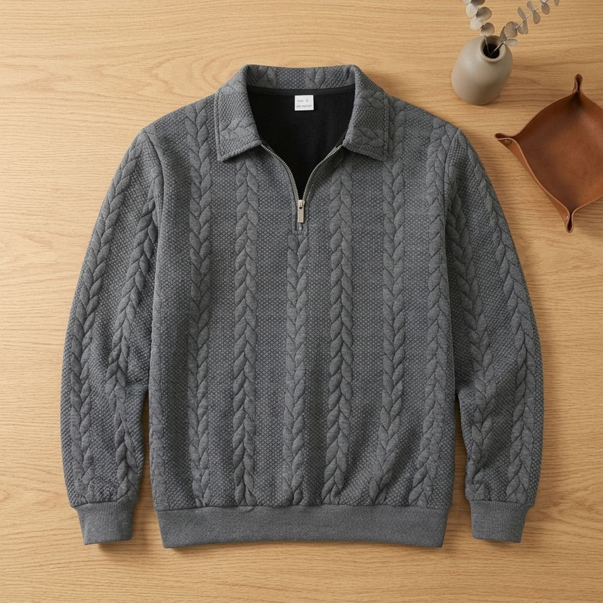 Strickpullover Herren mit Zopfmuster, Polokragen und kurzem Reissverschluss