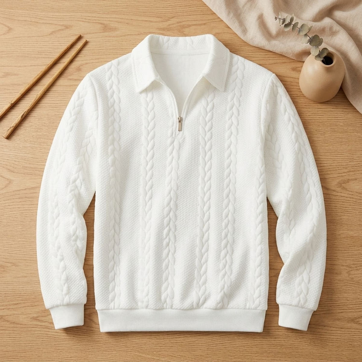 Strickpullover Herren mit Zopfmuster, Polokragen und kurzem Reissverschluss