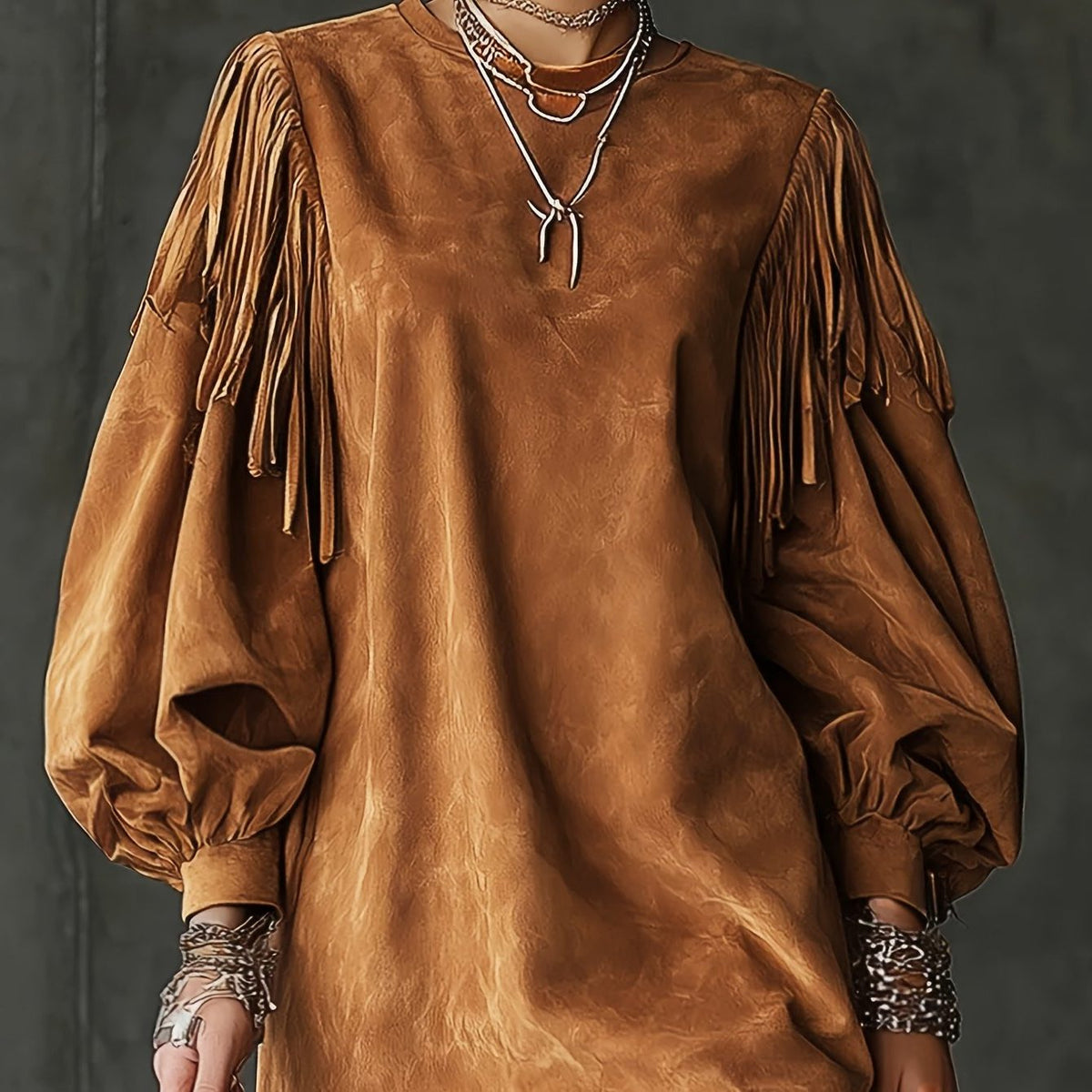 Kleid in Wildlederoptik mit Rundhals und Fransen für Damen