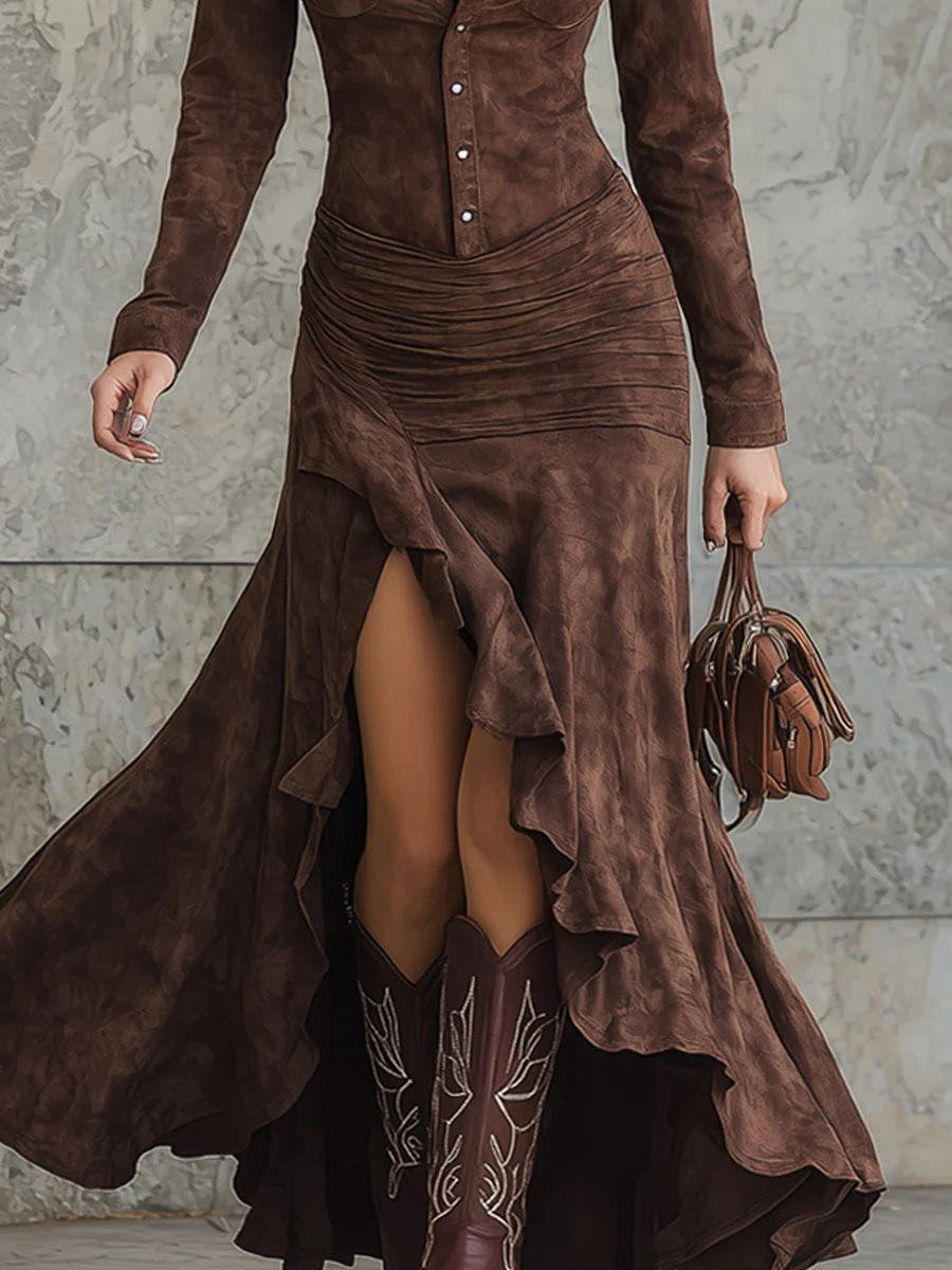 Langes Kleid in Wildlederoptik mit gerafftem Bund für Damen