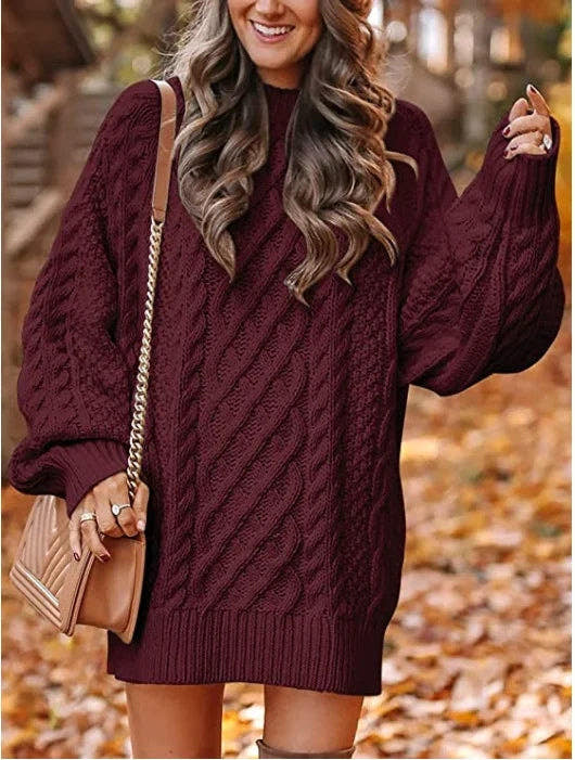 Strickkleid mit Zopfmuster, Puffärmeln und Oversize-Schnitt