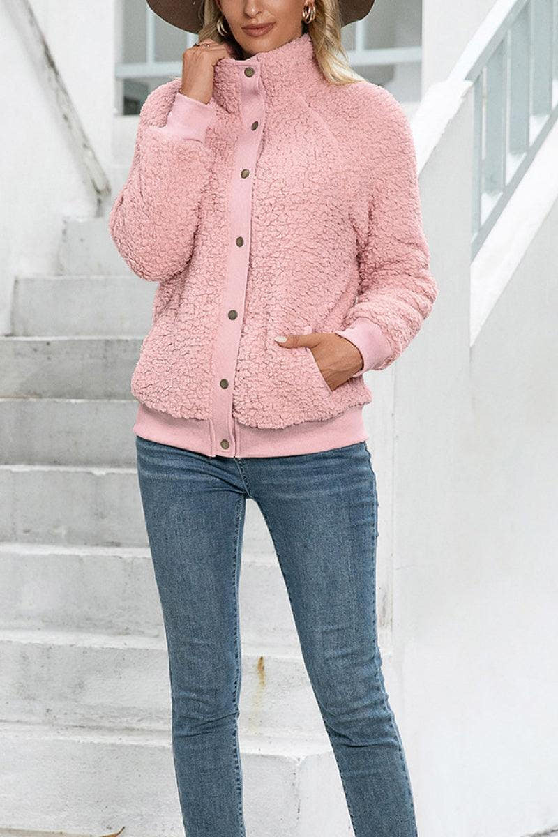 Teddyjacke Damen aus Sherpa, hüftlang mit Stehkragen