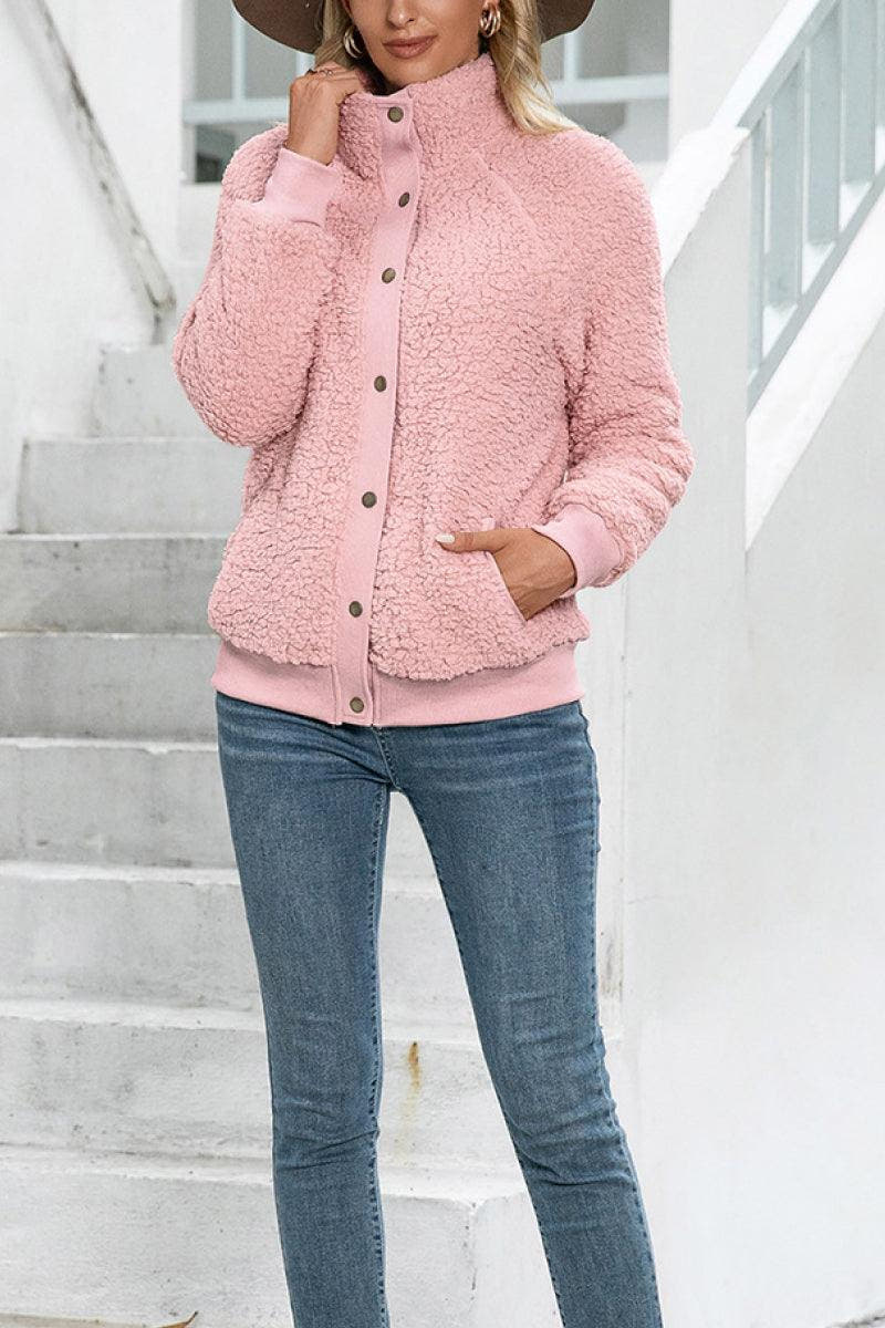 Teddyjacke Damen aus Sherpa, hüftlang mit Stehkragen
