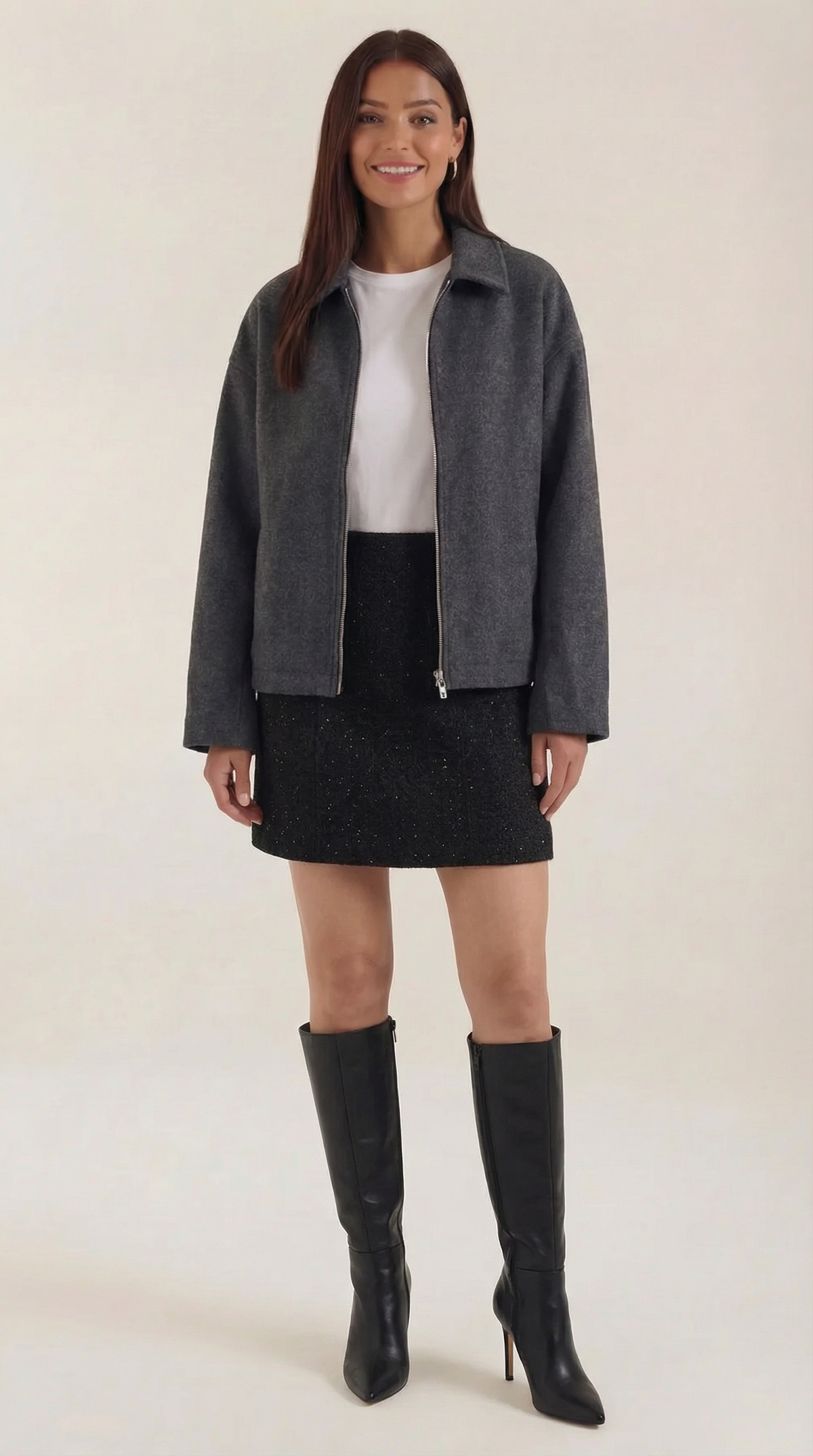 Jacke mit durchgehendem Reissverschluss, Kragen und Taschen für Damen - Grau