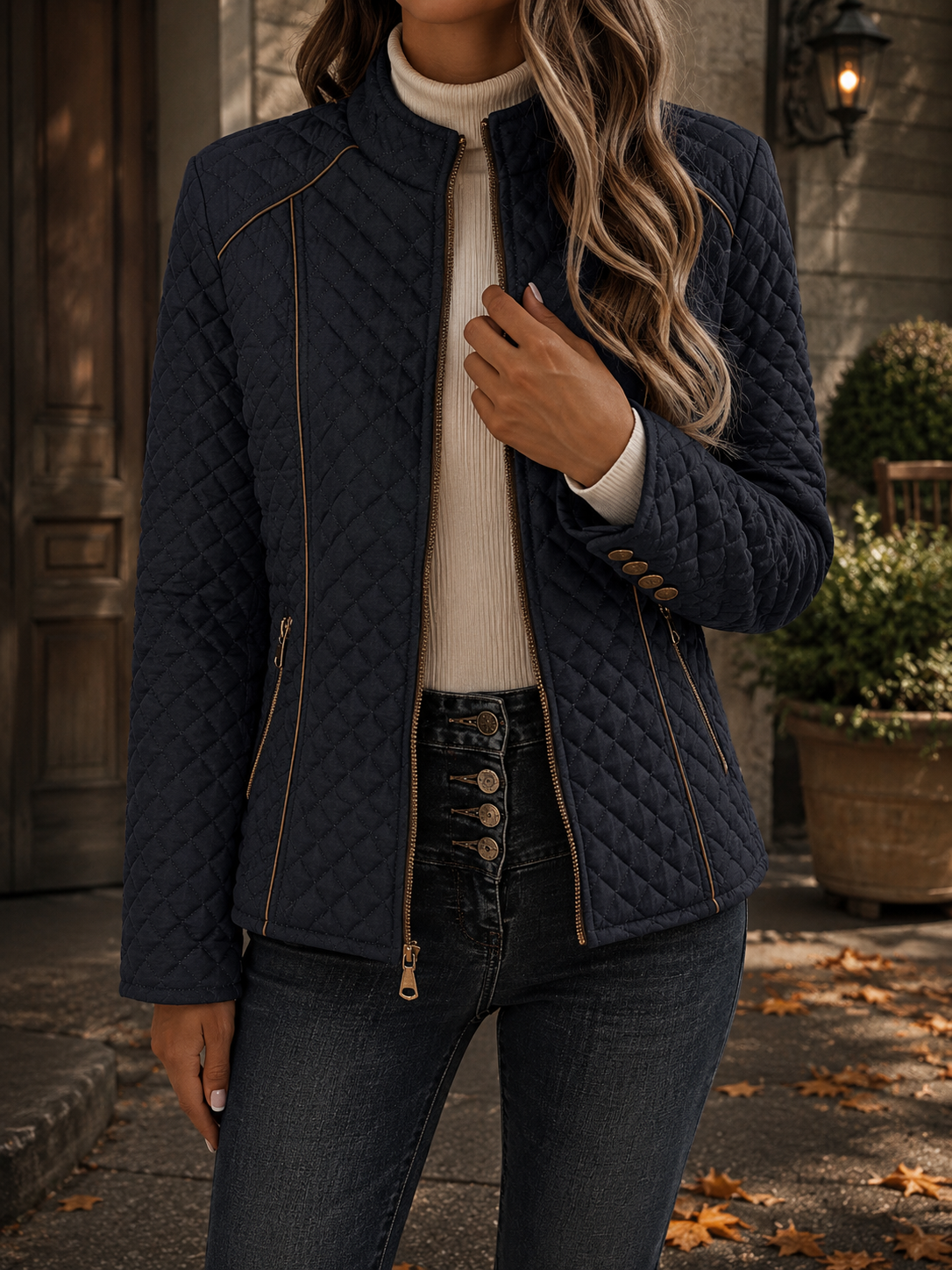 Steppjacke mit Rautensteppung und Kontrastpaspeln