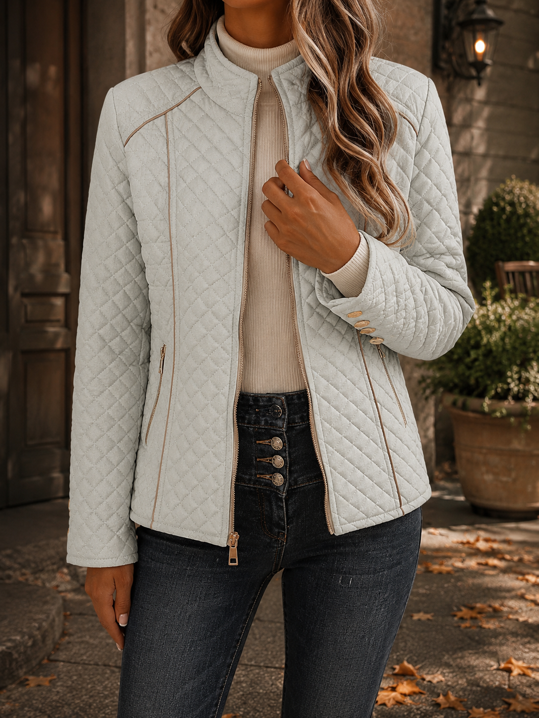 Steppjacke mit Rautensteppung und Kontrastpaspeln