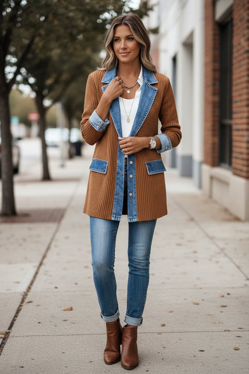 Strickjacke mit Denim-Besatz, Rippstrick-Einsätzen und Knopfleiste