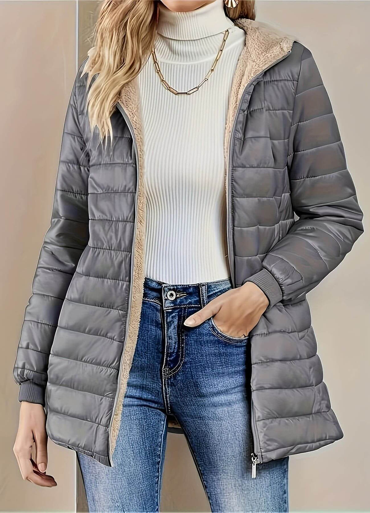 Steppjacke mit Kapuze und gerippten Bündchen